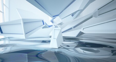 Fototapeta na wymiar Abstract architectural white and glass gradient color interior of a minimalist house with water. 3D illustration and rendering.