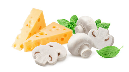 Cheese, mushrooms and green basil leaves isolated on white background