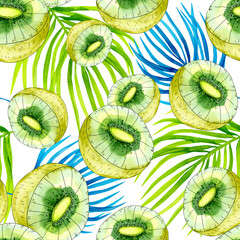 tropical fruit print. kiwi and palm leaves on a white background. Seamless watercolor pattern.