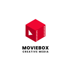 Movie media box logo design. Film strip with play symbol on isometric cube vector illustration. Creative visual motion creator studio graphic template.