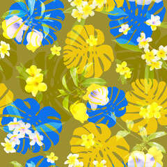 Floral tropical seamless pattern. plumeria flowers, frangipani, monstera leaves on a green background.
