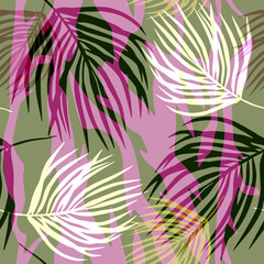tropical seamless pattern on abstract pink-green background. A beautiful print of palm leaves.