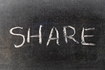 Hand writing by chalk in word share on black board background