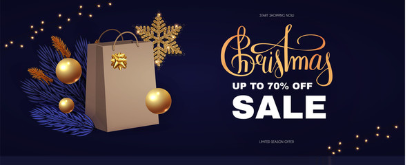 Christmas Sale design template with gift bag, fir tree branches, glossy golden balls, elegant gold snowflakes and lettering.