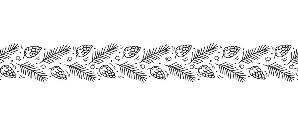 Vector Christmas monoline scandinavian seamless pattern ornament new year fir tree and leaves. Winter doodle xmas background for children holiday textile, wallpaper