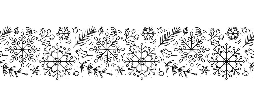 Fototapeta Vector Christmas monoline scandinavian seamless pattern ornament new year fir tree and leaves. Winter doodle xmas background for children holiday textile, wallpaper