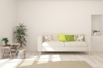 Stylish room in white color with sofa. Scandinavian interior design. 3D illustration
