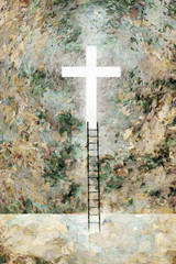 Ladder to the God. Shining cross. Digital painting