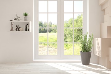 Fototapeta premium Stylish empty room in white color with summer landscape in window. Scandinavian interior design. 3D illustration