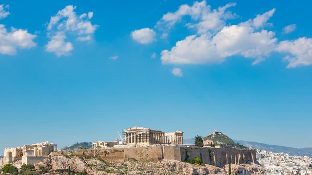 Parthenon, Acropolis of Athens, Greece - Timelapse with moving clouds at summer day