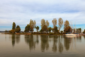 Wide angle landscape view of yacht club in Balatonfoldvar at Lake Balaton, Hungary. Famous...