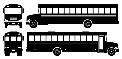 School bus silhouette on white background. Vehicle icons set view from side, front, and back