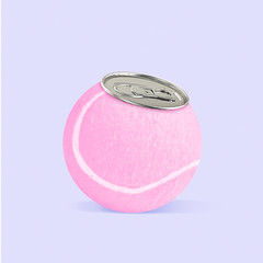 An alternative taste. Pink tennis ball as a can for drink on purple background. Negative space to...