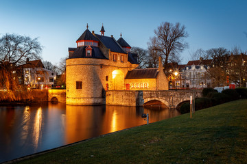 Sunset in the most tourist places of Bruges, Belgium