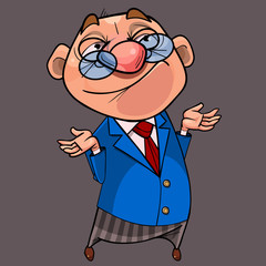 cartoon man in suit with tie and eyeglasses smirks and shrugs