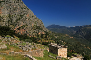 Fototapeta na wymiar Reconstructed Treasury of Athens, Delphi, Valley of Phocis, Greece