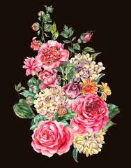 Watercolor Vintage Floral Bouquet with Pink Roses, Hydrangea, Snail and Wild Flowers, Botanical Greeting Card, Watercolor illustration