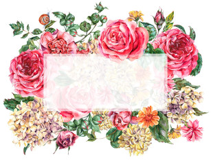 Watercolor Vintage Floral Frame with Pink Roses, Hydrangea, Snail and Wild Flowers, Botanical Greeting Card,