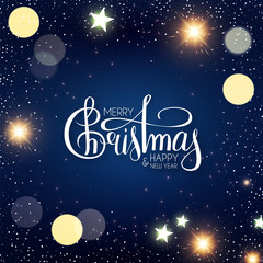 Fototapeta premium Merry Christmas Shining holiday background with lettering, flash light, snow and bokeh effect.