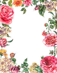 Watercolor Vintage Floral Frame with Pink Roses, Hydrangea, Snail and Wild Flowers, Botanical Greeting Card