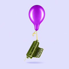 Easy text typing - create a bestseller. Typewriter on balloon on trendy purple background. Negative space to insert your text. Modern design. Contemporary colorful and conceptual bright art collage.