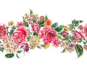 Watercolor Vintage Floral Seamless Border with Pink Roses, Hydrangea, Snail and Wild Flowers, Botanical Texture