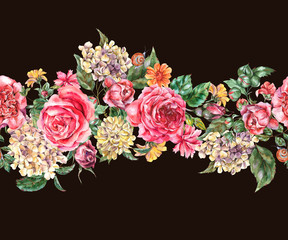 Watercolor Vintage Floral Seamless Border with Pink Roses, Hydrangea, Snail and Wild Flowers, Botanical Texture