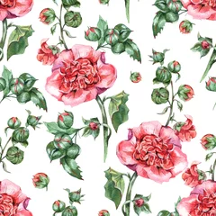 Zelfklevend Fotobehang Watercolor Vintage Flowers Mallow Seamless Pattern, Floral Botanical Texture © depiano