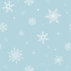 Christmas winter seamless pattern with flying snowflakes on turquoise background. Hand drawn vector illustration
