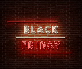Neon Black Friday text banner vector isolated on brick wall. Special price offer light symbol, decoration text effect. Neon black friday sale illustration