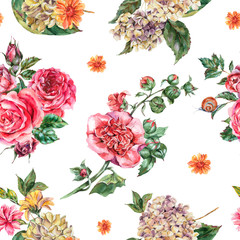 Watercolor Vintage Floral Seamless Pattern, Bouquet with Pink Roses, Hydrangea, Snail and Wild Flowers