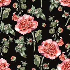 Foto op Plexiglas Watercolor Vintage Flowers Mallow Seamless Pattern, Floral Botanical Texture © depiano