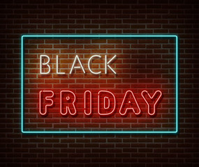 Obraz premium Neon Black Friday text banner vector isolated on brick wall. Special price offer light symbol, decoration text effect. Neon black friday sale illustration