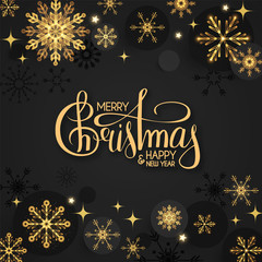 Fototapeta na wymiar Merry Christmas Elegant holiday design with lettering and gold shining snowflakes.