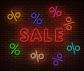 Neon sale sign vector isolated on brick wall. Special price tag light symbol, decoration effect. Neon sale banner illustration