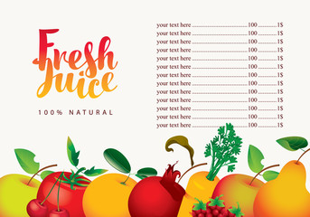 Vector menu for Fresh juice with various fruits, berries, vegetables, calligraphic inscription and price list on white background
