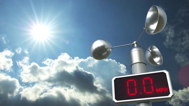 Wind speed measuring device anemometer shows 0 mph. Weather forecast related 3D animation