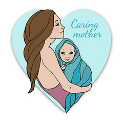 In the silhouette of a heart a mother with a baby in her arms embraces a newborn. Vector illustration