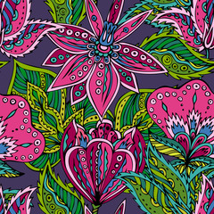 Materiał do szycia Dark fantastic flowers seamless background.