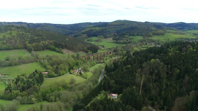 Aerial view, flight to stone arch bridge Himb&auml;chel Viaduct, Erbach - Hetzbach, Himbachel Valley, Odenwald, Hesse, Germany