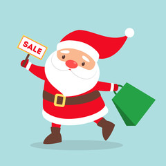 Santa Claus standing in red clothes with shopping bag