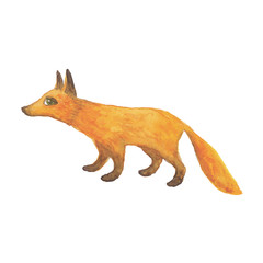 Watercolor illustration of a cartoon fox on a white background.
