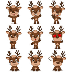 Collection of funny deer in cartoon style in different poses and emotions isolated on white background