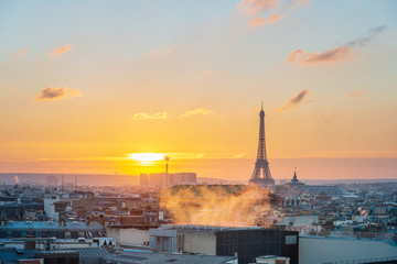 PARIS, FRANCE - December 12, 2018: Eiffel Tower is a wrought-iron lattice tower on the Champ de...