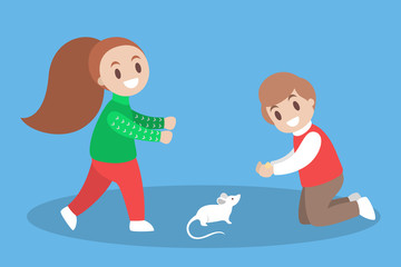 Children play with a pet rat. Little white mouse owner. Child