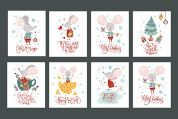 Fototapeta na wymiar Christmas funny cartoon mouse set in a flat style. with hand drawn lettering quote. Winter vector poster collection with cute New Year mice.
