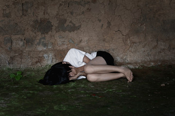 young homeless despair child,traumatized little girl