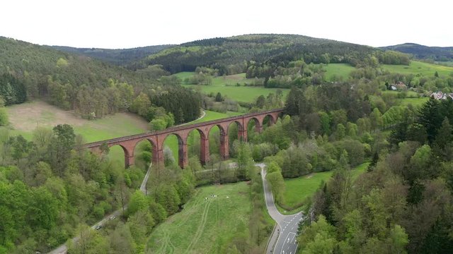 Aerial view, flight to stone arch bridge Himb&auml;chel Viaduct, Erbach - Hetzbach, Himbachel Valley, Odenwald, Hesse, Germany