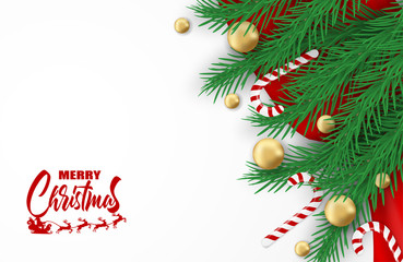 Merry Christmas. Design with christmas tree , balls and candy canes on white background .Vector. illustration.