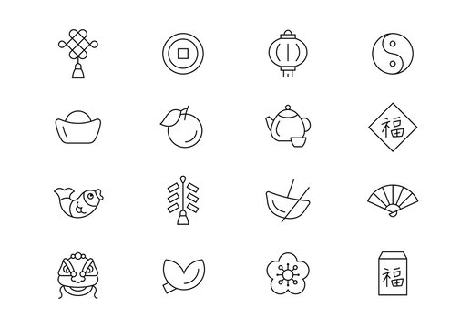 Chinese New Year thin line vector icons. Editable stroke